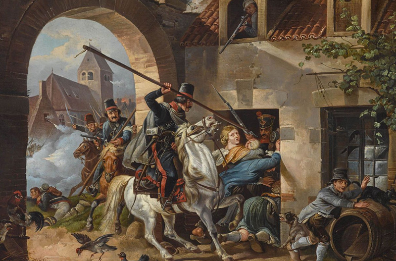 Russian Cossacks raid a French village painting